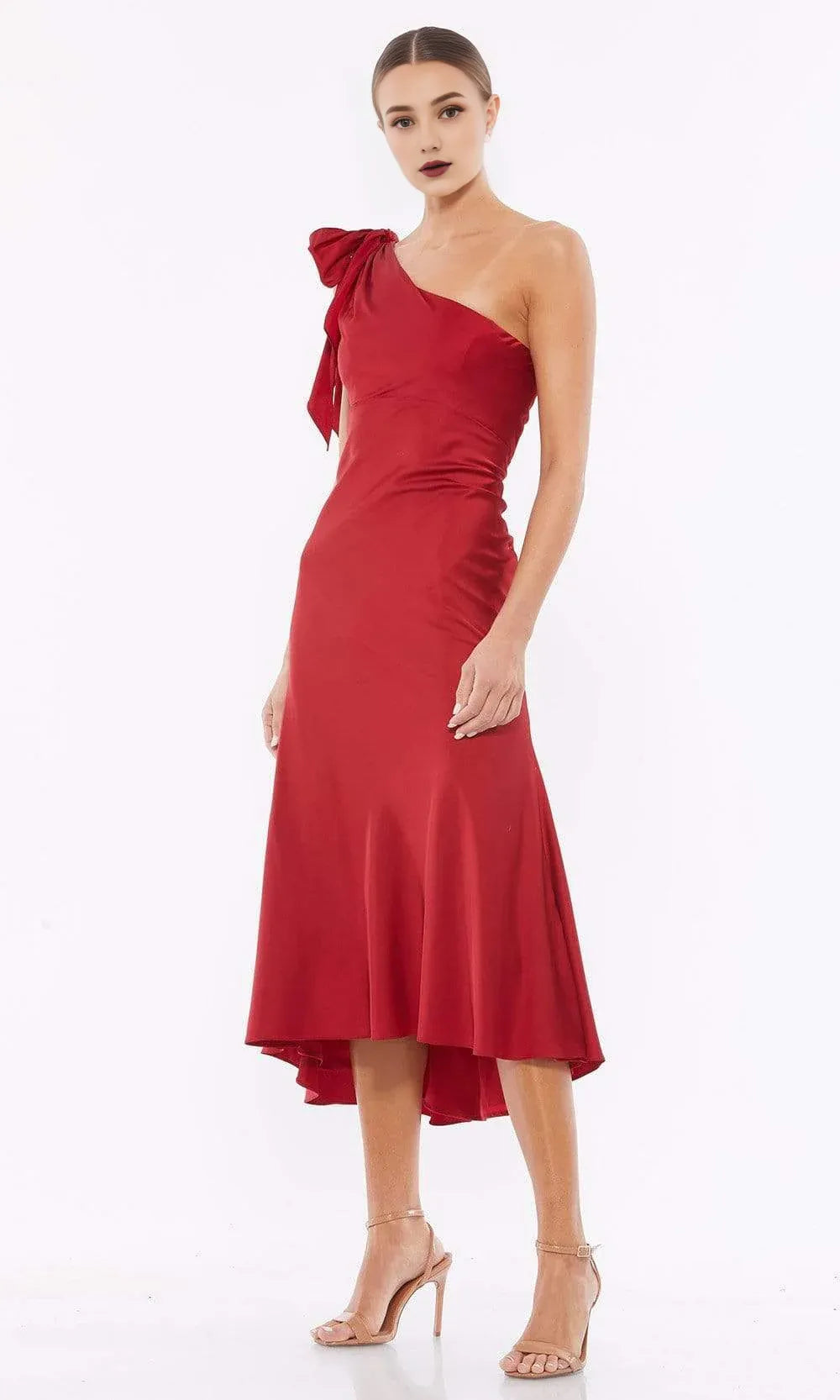 Vestidos formales Vestido de fiesta drapeado con lazo rojo y un hombro hasta la rodilla / Tienda de vestidos de fiesta